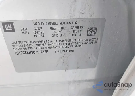 2012 Chevrolet Cruze Ls из США, поврежденный, VIN 1G1PC5SH3C7170525